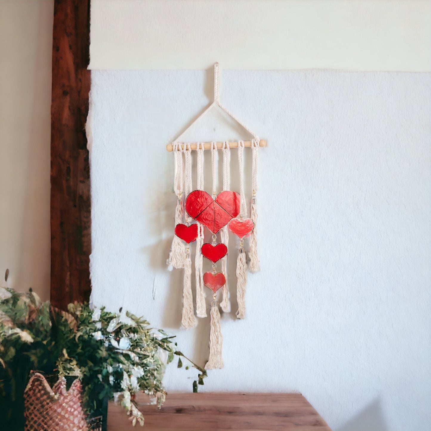 Capiz with Wood Rod Macramé - Hearts