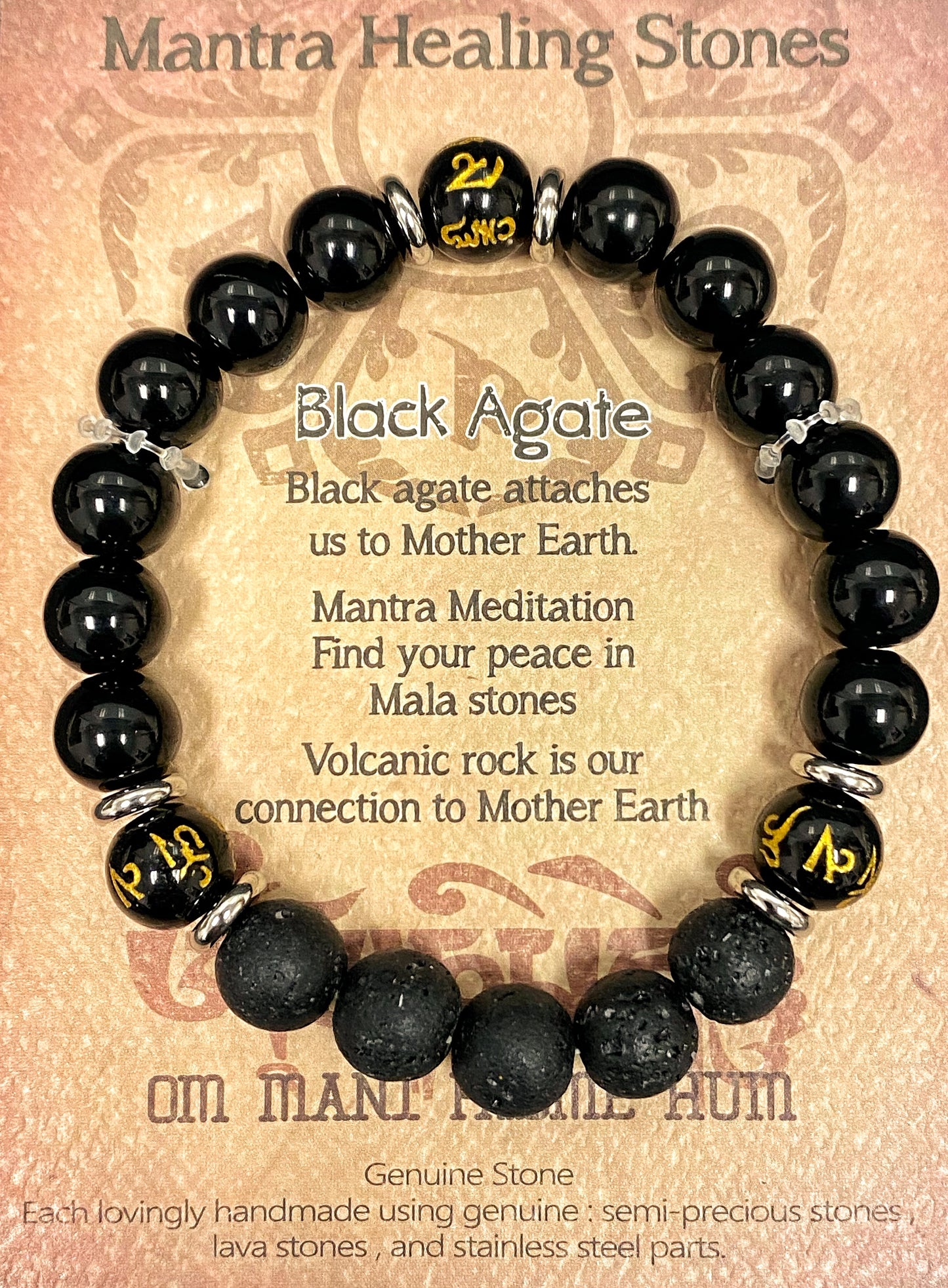 Mantra Healing Stones Bracelet in Black Agate