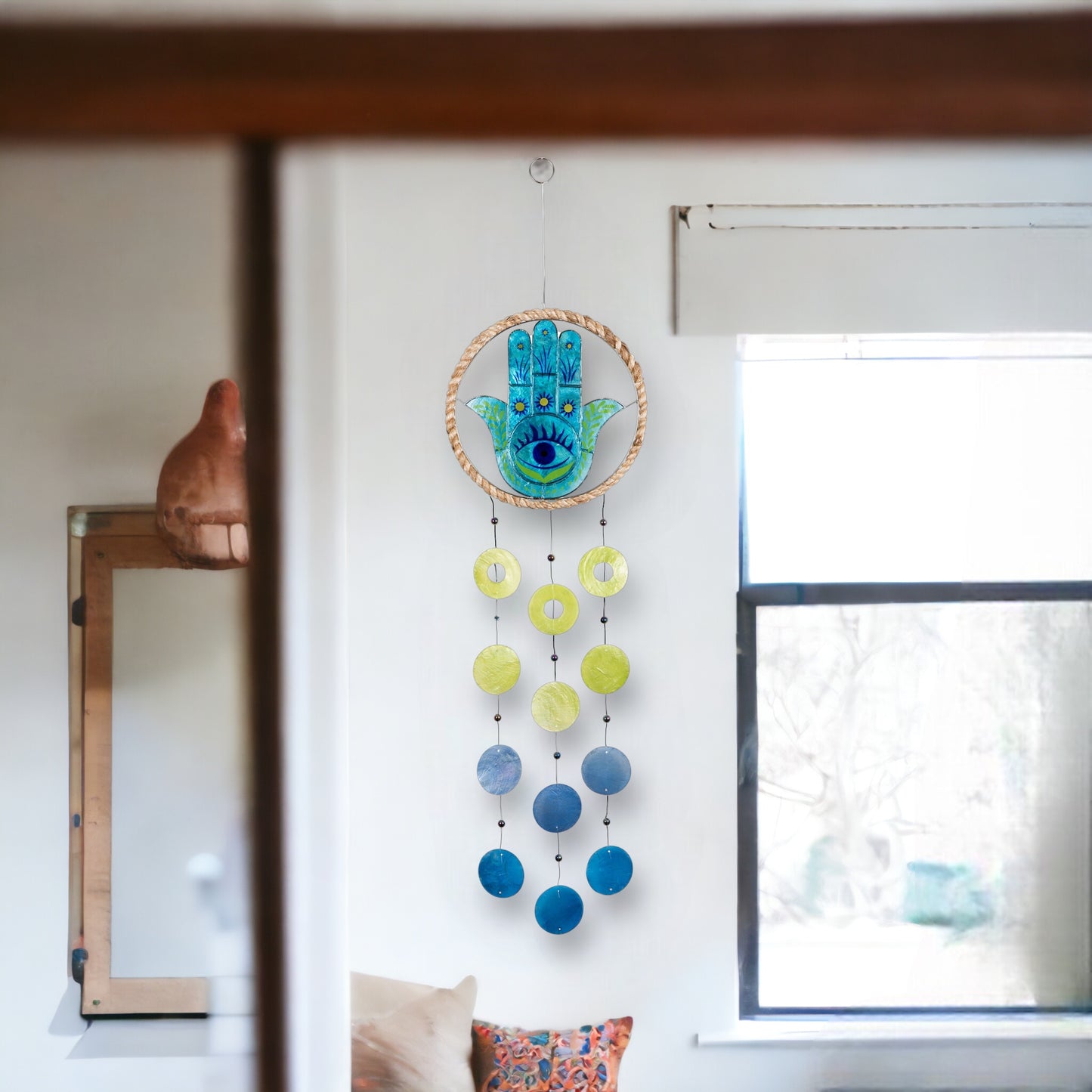 Capiz Chime Round Rope - Hamsa