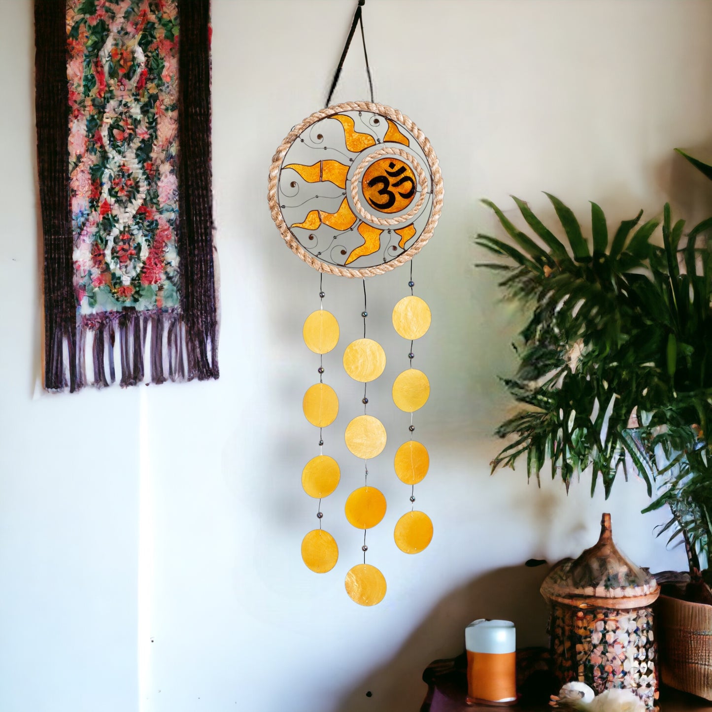 Capiz Chime Round Rope - Om