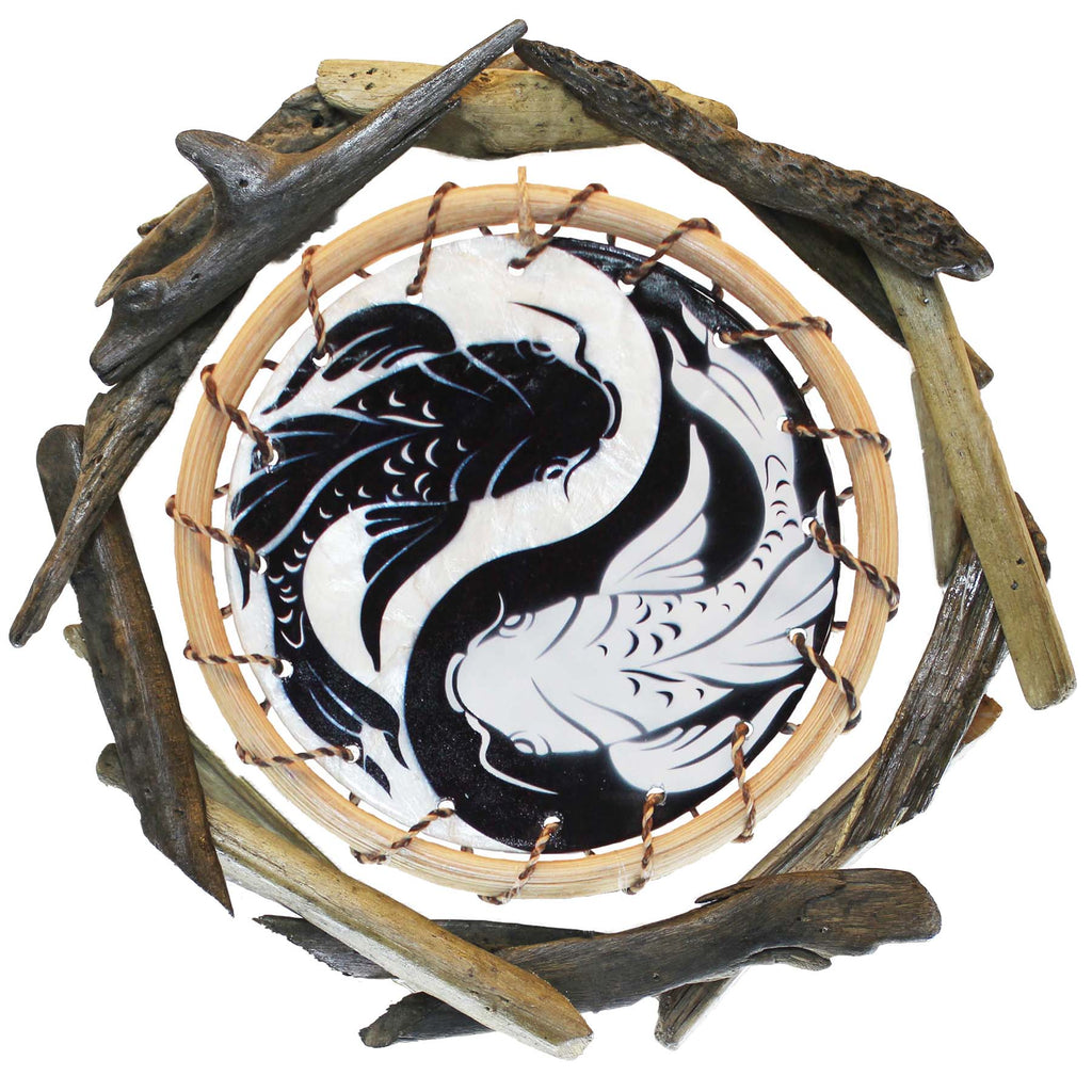 Yin Yang Fish Rattan and Driftwood Wall Art